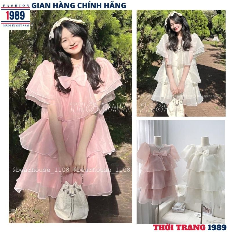 Váy babydoll công chúa voan tơ nhiều tầng cổ gắn nơ V107 -Đầm dự tiệc sang chảnh dễ thương -THỜI TRANG 1989