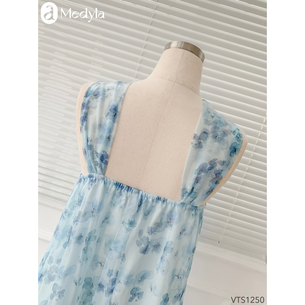 MEDYLA - Váy bầu mùa hè maxi cổ xoắn đầm bầu thiết kế tơ hoa xanh lót lụa cho bầu đi biển, du lịch - VS1250
