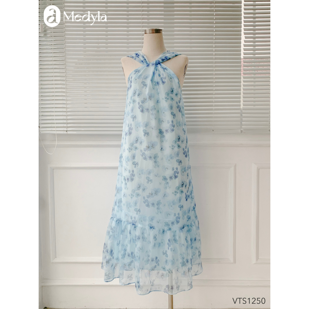 MEDYLA - Váy bầu mùa hè maxi cổ xoắn đầm bầu thiết kế tơ hoa xanh lót lụa cho bầu đi biển, du lịch - VS1250