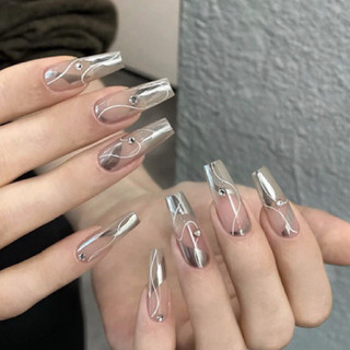 Nailbox tỷ tỷ trung quốc chrome Tráng Gương Line Trắng Thon Tay Trắng Tay Form Vuông Dài Clear