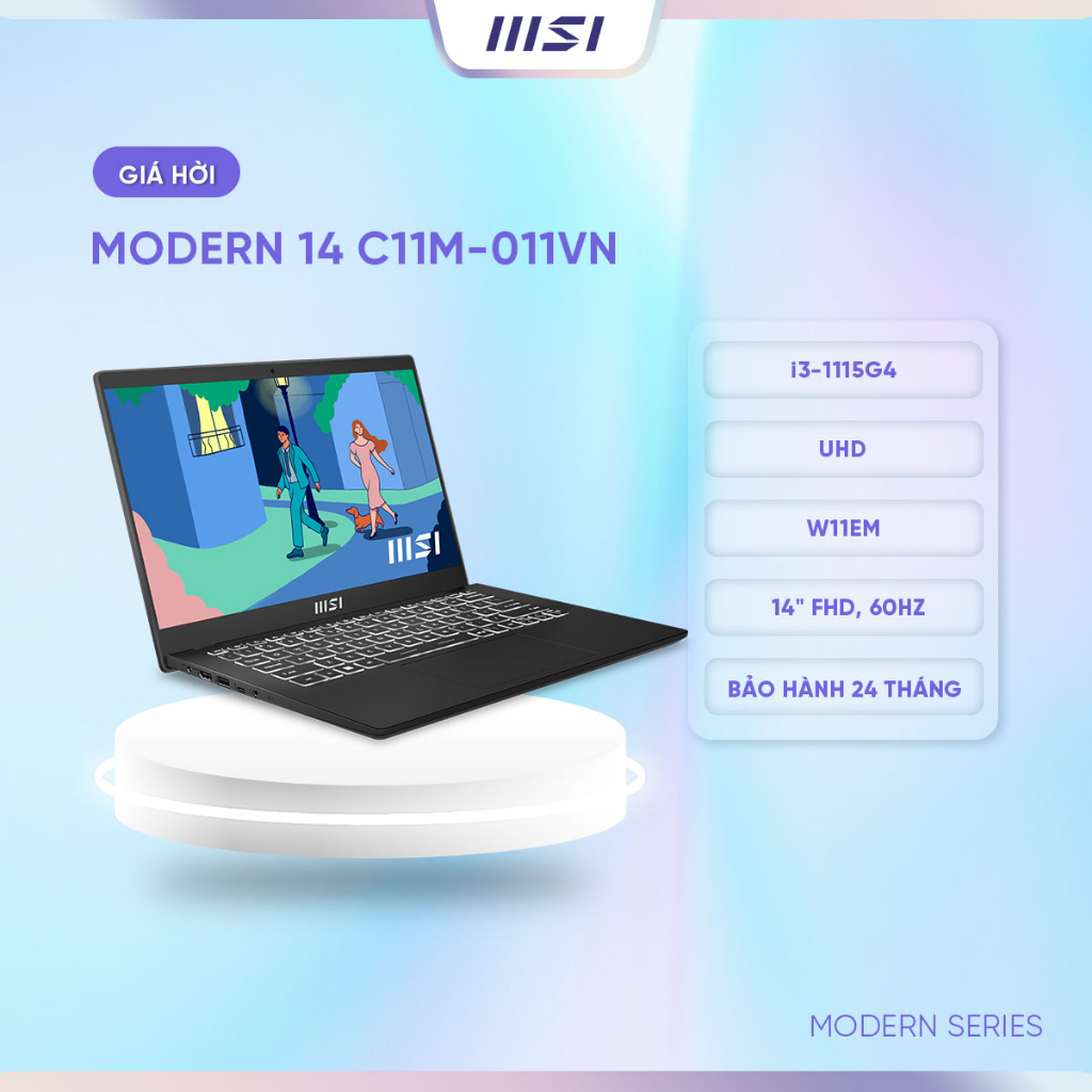 MSI Laptop Văn phòng Modern 14 C11M-011VN|Intel i3-1115G4|UHD|DDR4 8GB|512GB SSD|14" FHD,60Hz