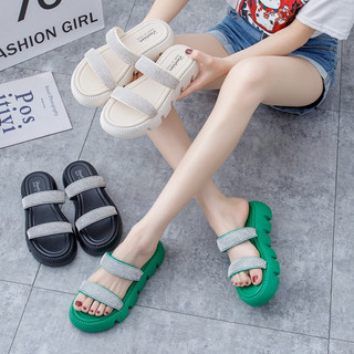 Dép quai ngang nữ đính đá, đế cao su non đúc nguyên khối độn 4cm SAKI