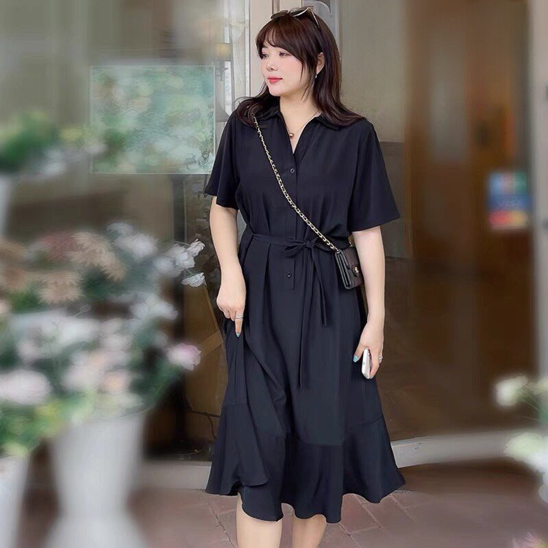 Đầm sơ mi công sở Maihouse tay ngắn kèm dây thắt eo dáng đuôi cá chất cotton phù hợp đi chơi dạo phố - D2573