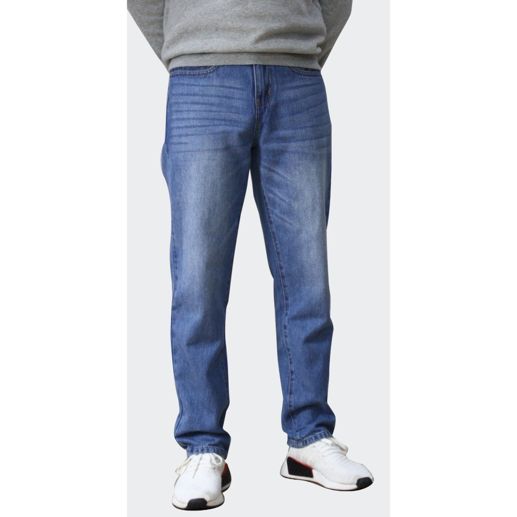 Quần Jeans nam ALE JEANS, ống suông ôm, co giãn nhẹ, xanh trung, chất liệu thun cotton MWID005D