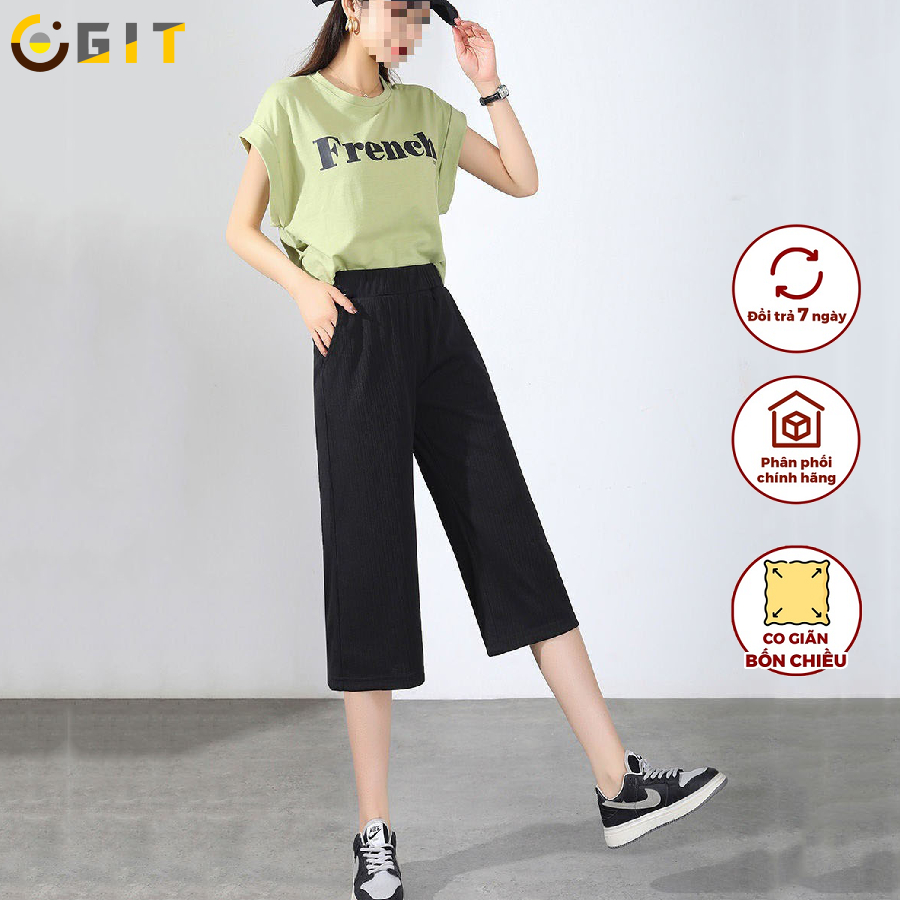 Quần Nữ Lửng DVGIT Chất Liệu Tăm Gân Màu Đen Thiết Kế Kiểu Lửng Form Dáng Quần Ống Rộng Cạp Chun Co Giãn, Cạp Cao Trên R | BigBuy360 - bigbuy360.vn