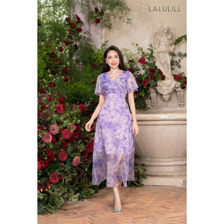 Đầm maxi tay tiên LALULILL nhún ngực tơ hoa tím LDL2304202