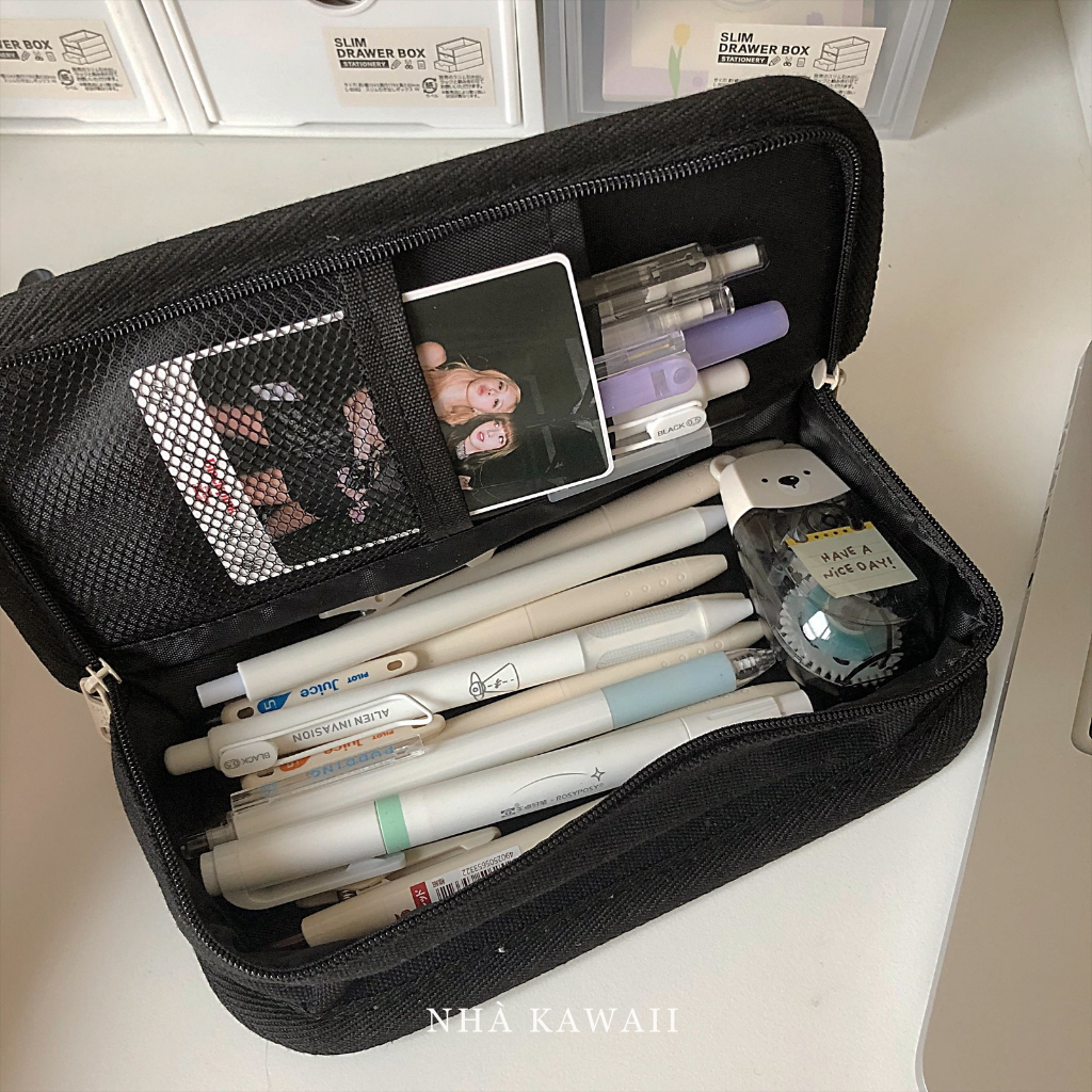 Hộp bút Caro trắng đen chess-board, túi đựng bút vải canvas dày