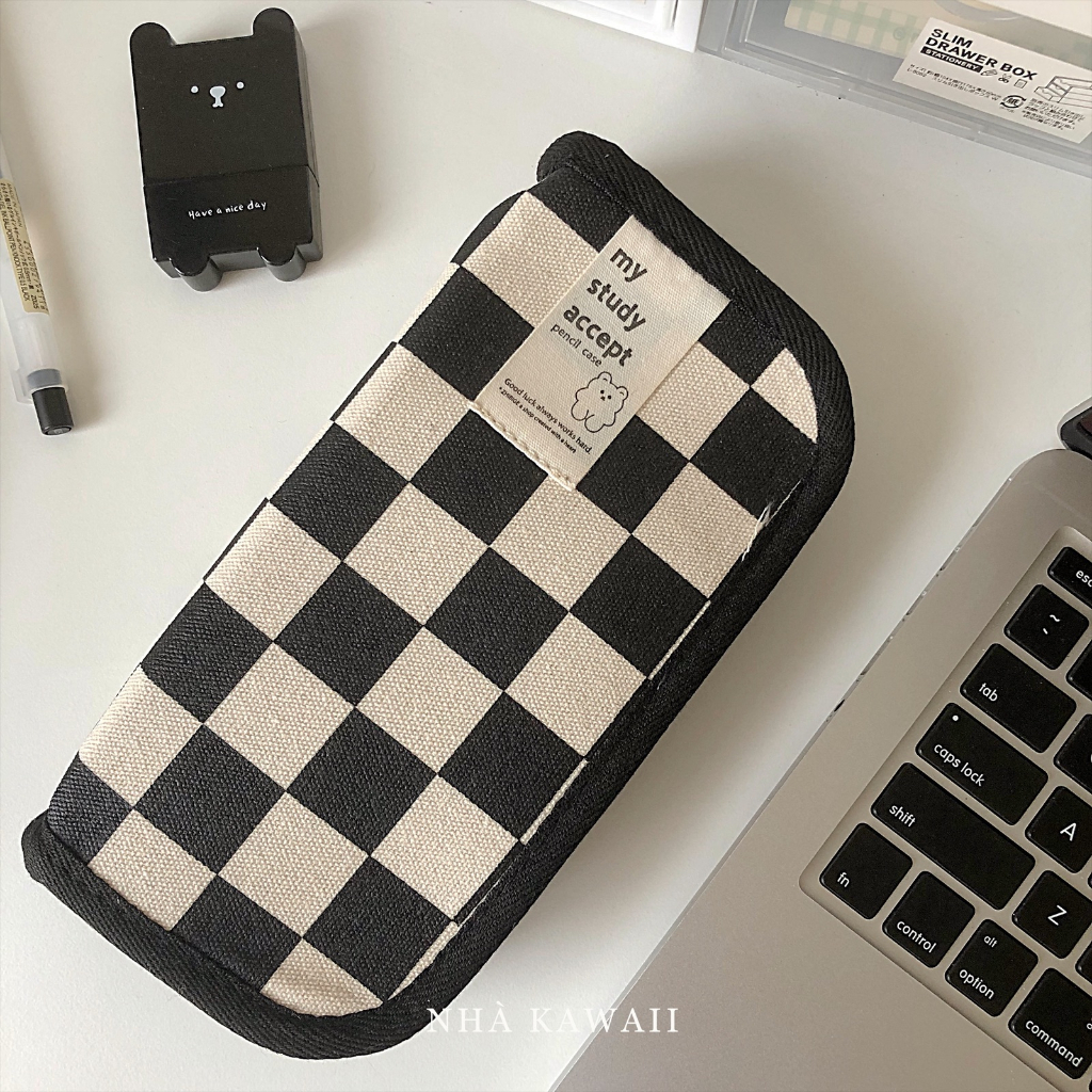 Hộp bút Caro trắng đen chess-board, túi đựng bút vải canvas dày