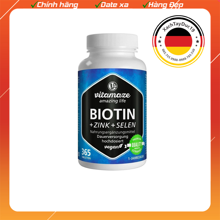 Vitamaze Biotin 10mg hochdosiert + Zink + Selen của Đức 365 viên - củng cố và cải thiện sức khỏe tóc, da và móc
