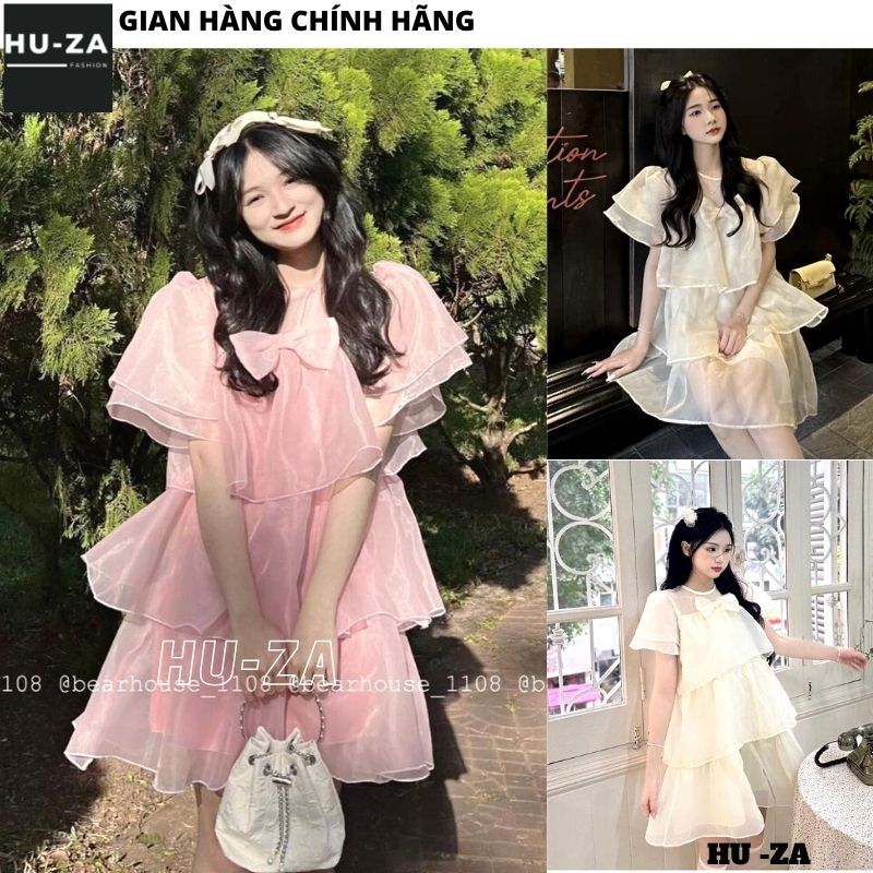 Váy babydoll voan nơ ngực 3 tầng - Đầm tiểu thư bồng bềnh tay bồng dáng ngắn bánh bèo điệu đà xinh - HUZA V107