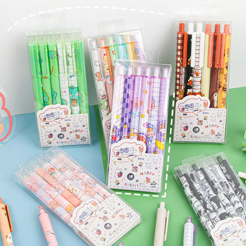 Set 6 Bút Mực Nước Ngòi 0.5Mm In Họa Tiết Hoạt Hình Dễ Thương