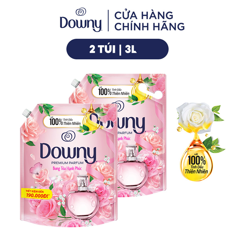 Combo 2 Túi Nước Xả Vải Downy Tinh Dầu Nước Hoa Cao Cấp Hương Bung Tỏa Hạnh Phúc 3L/túi