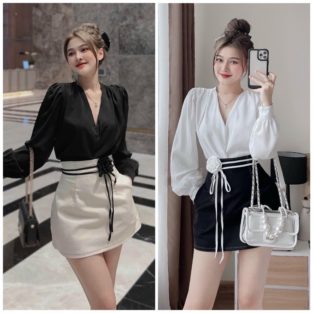 Set áo voan tơ mix chân váy kèm hoa,set công sở cực sang( có ảnh thật của shop)