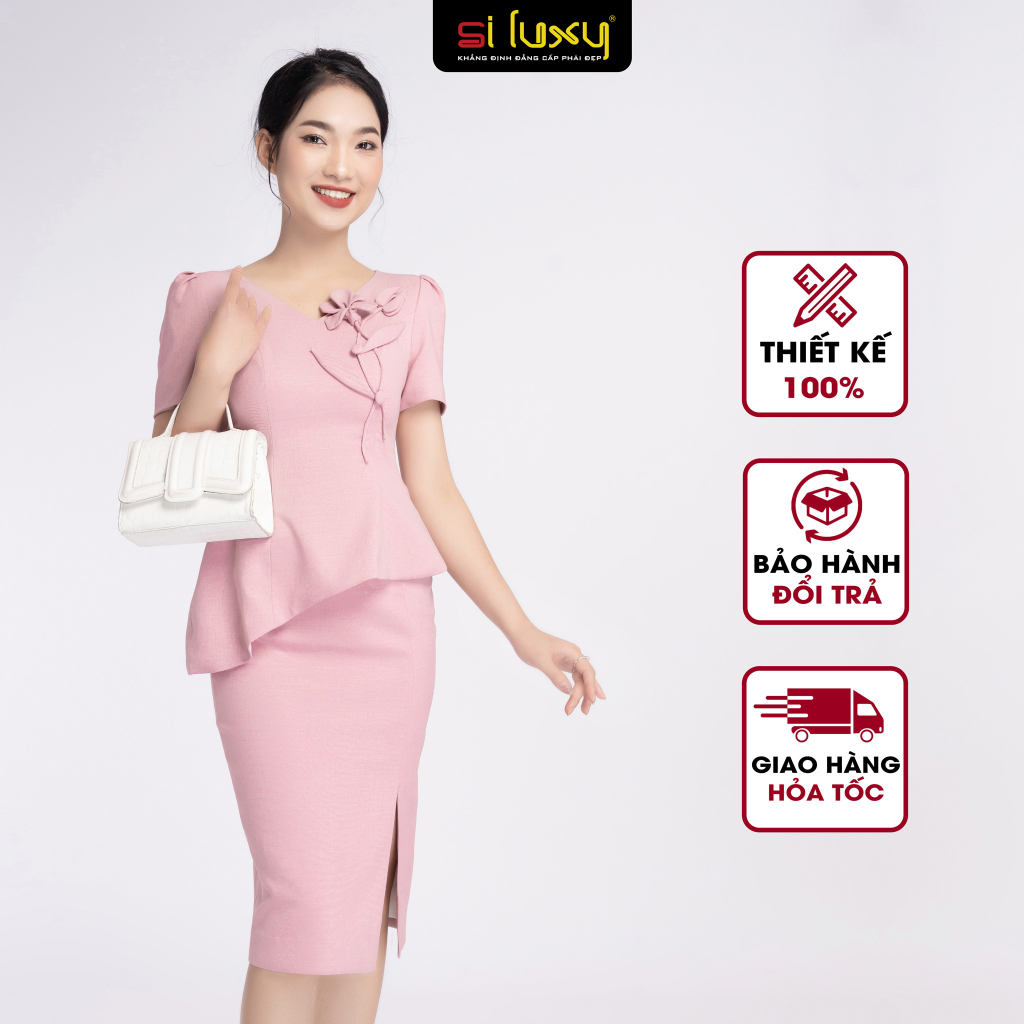 Set đầm công sở Siluxy Blend hồng Thiết Kế Cao Cấp Giới Hạn Số Lượng dáng ôm eo peplum hoa xếp tay thủ công