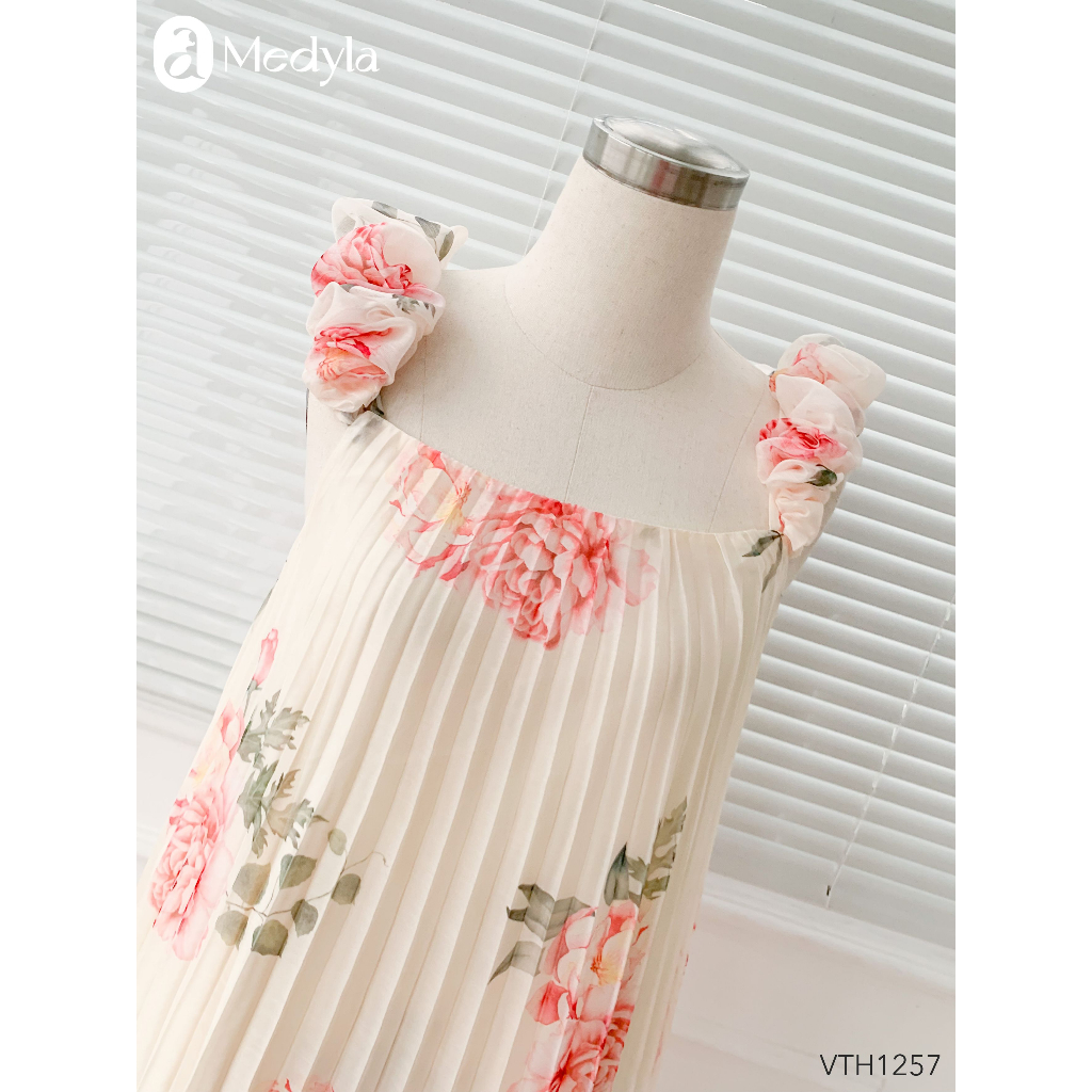 MEDYLA - Váy bầu mùa hè maxi 2 dây đầm bầu thiết kế tơ hoa hồng dập ly bèo tay lót lụa cho bầu đi biển, du lịch - 1257