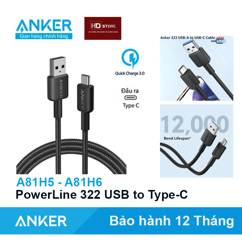 Cáp dù Anker 322 USB to Type C sạc nhanh Samsung 15W - A81H5 A81H6 siêu bền HD Store