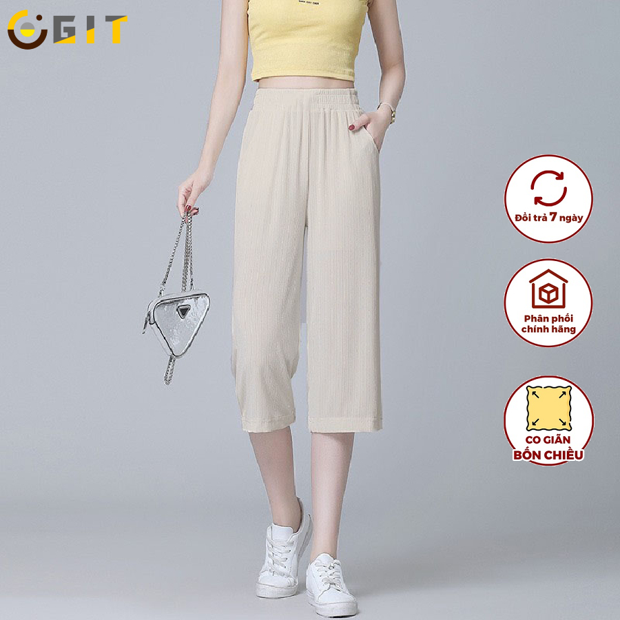 Quần Ống Rộng Nữ DVGIT Dáng Lửng Lỡ Chất Liệu Tăm Lạnh Màu Be Sữa Mát Mịn Phù Hợp Đi Chơi Dạo Phồ Thời Trang Hàn Quốc