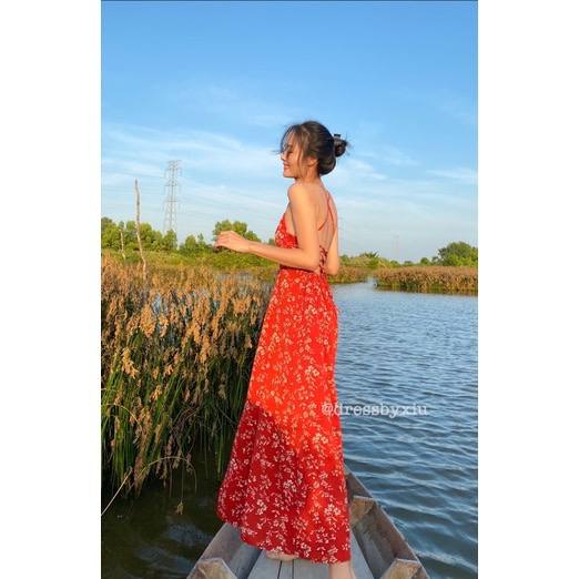ĐẦM THANH LÝ NEW 95% - Đầm BOHO Maxi Hoạ Tiết Hoa Dây Chéo Lưng Màu Đỏ Cam - Vàng - Trăngs [ ẢNH THẬT CHỦ SHOP TỰ CHỤP ]