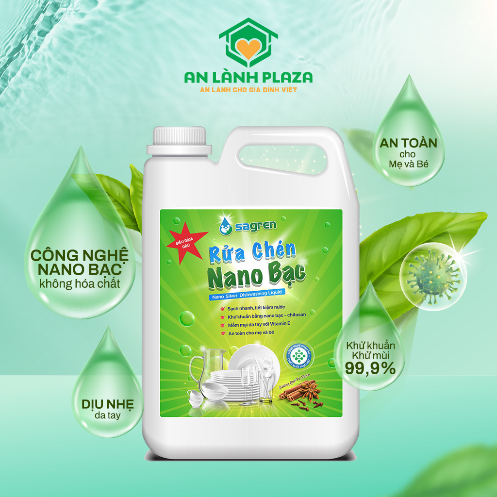 Nước rửa chén bát hữu cơ nano bạc Sagren (2000ml) phân phối An Lành Plaza đánh bay dầu mỡ, không hóa chất, dịu nhẹ datay