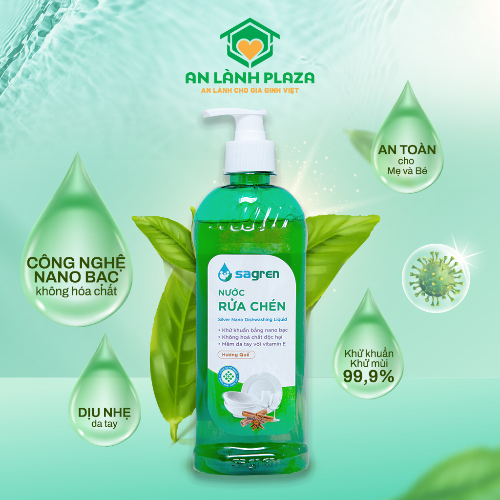 Nước rửa chén hữu cơ Nano Bạc Sagren hương Quế (450ml ) phân phối An Lành Plaza đánh bay dầu mỡ, không hóa chất