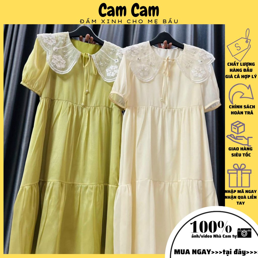 Váy bầu tiểu thư, váy dự tiệc cao cấp cổ ren, nơ ngực 2 màu xanh trắng cách tầng siêu xinh chất voan tơ 2 lớp