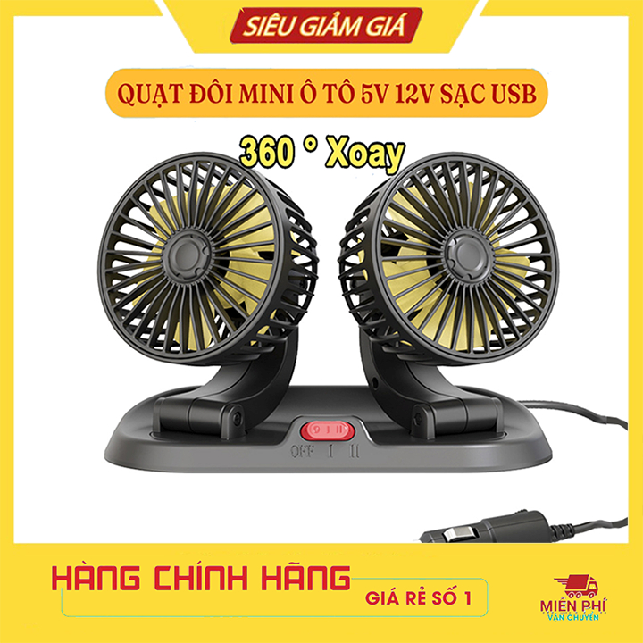 Quạt ô tô đôi nguồn usb 5v, 12v/24v, xoay 360 độ, quạt để bàn làm việc có bảng số điện thoại ô tô