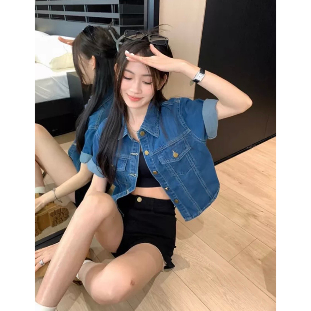 Áo jean croptop tay ngắn phối cúc nổi bạt MaiA Aojeancrt