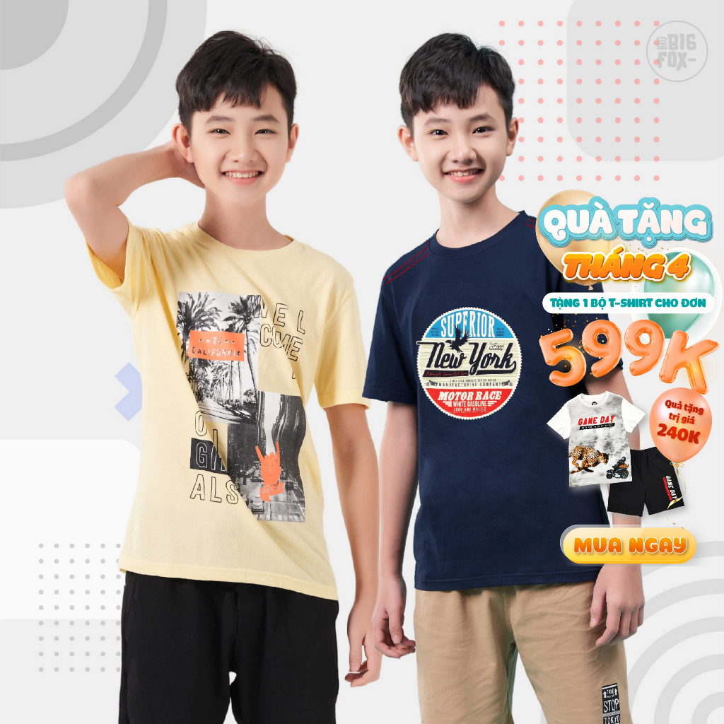Áo phông cho bé trai Bigfox size đại, áo thun ngắn tay mùa hè tuổi teen chất cotton mềm mịn 12-15 tuổi (39kg- 50kg)