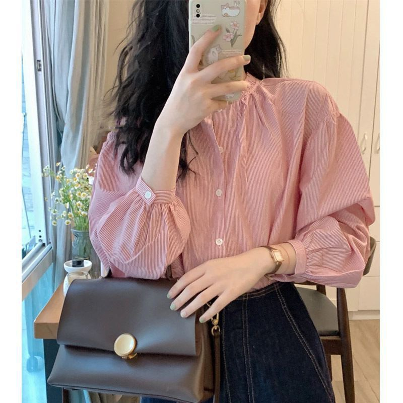 Áo sơ mi hồng cổ tròn kẻ sọc công sở cực xinh