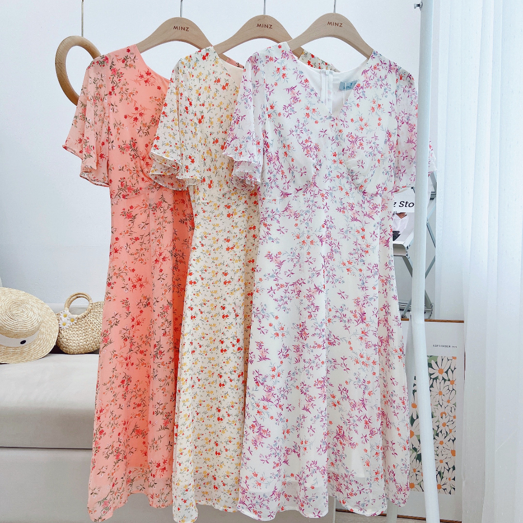 Váy Hoa Nhí Cổ V MINZ STORE Mã 1447, Thiết Kế Cổ Tim Tay Cánh Tiên
