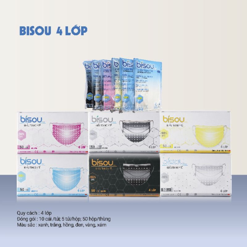 Khẩu trang y tế 4 lớp BISOU đủ màu hộp 50 cái
