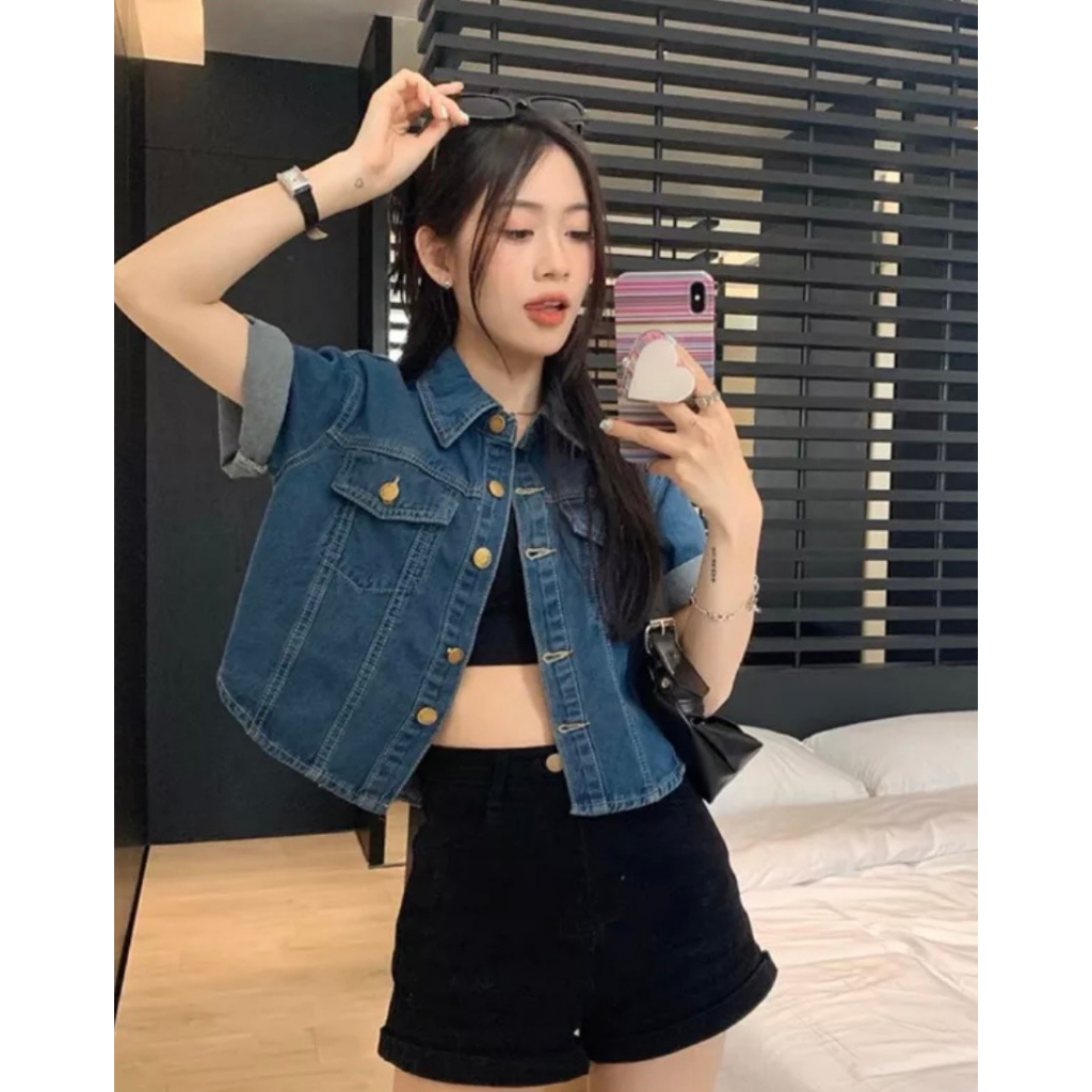 Áo jean croptop tay ngắn phối cúc nổi bạt MaiA Aojeancrt
