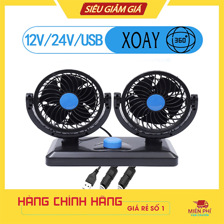 Quạt ô tô đôi dùng usb 5v, 12v/24v, xoay 360 độ, quạt để bàn làm việc