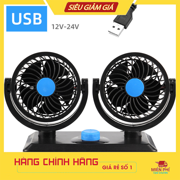 Quạt ô tô đôi usb 5v, 12v/24v đầu tẩu xoay 360 cho xe tải, xe con