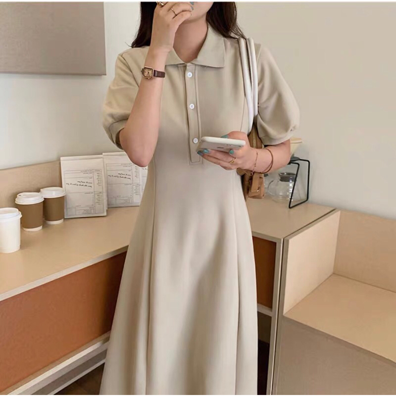 (R3000) váy polo có cổ dáng dài đóng khuy tay phồng nhẹ mặc đi làm đi học (kèm ảnh khách)
