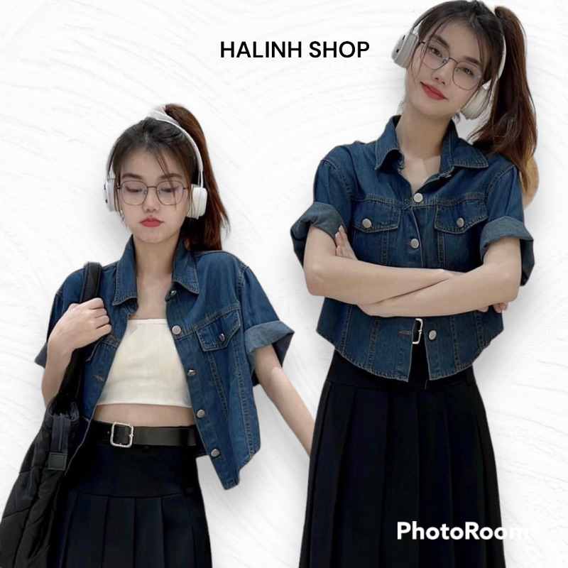 Áo Bò Lửng Túi Nắp Cúc Đồng Hàng QCL1 - Hạ linh Shop - Áo Croptop Khoác Denim Cạp Lượn tay Lửng Cổ Sơ Mi size S M