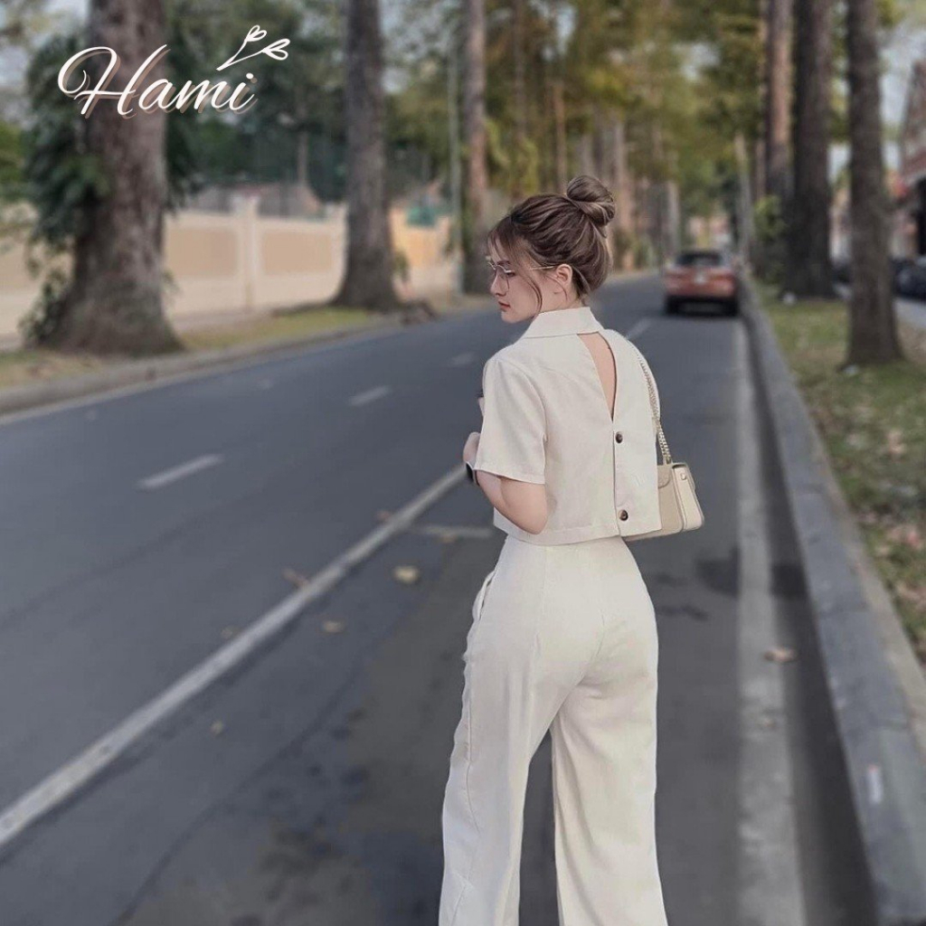 Set vest croptop tay cộc hàng thiết kế cao cấp sang trọng Hami Fashion - màu be