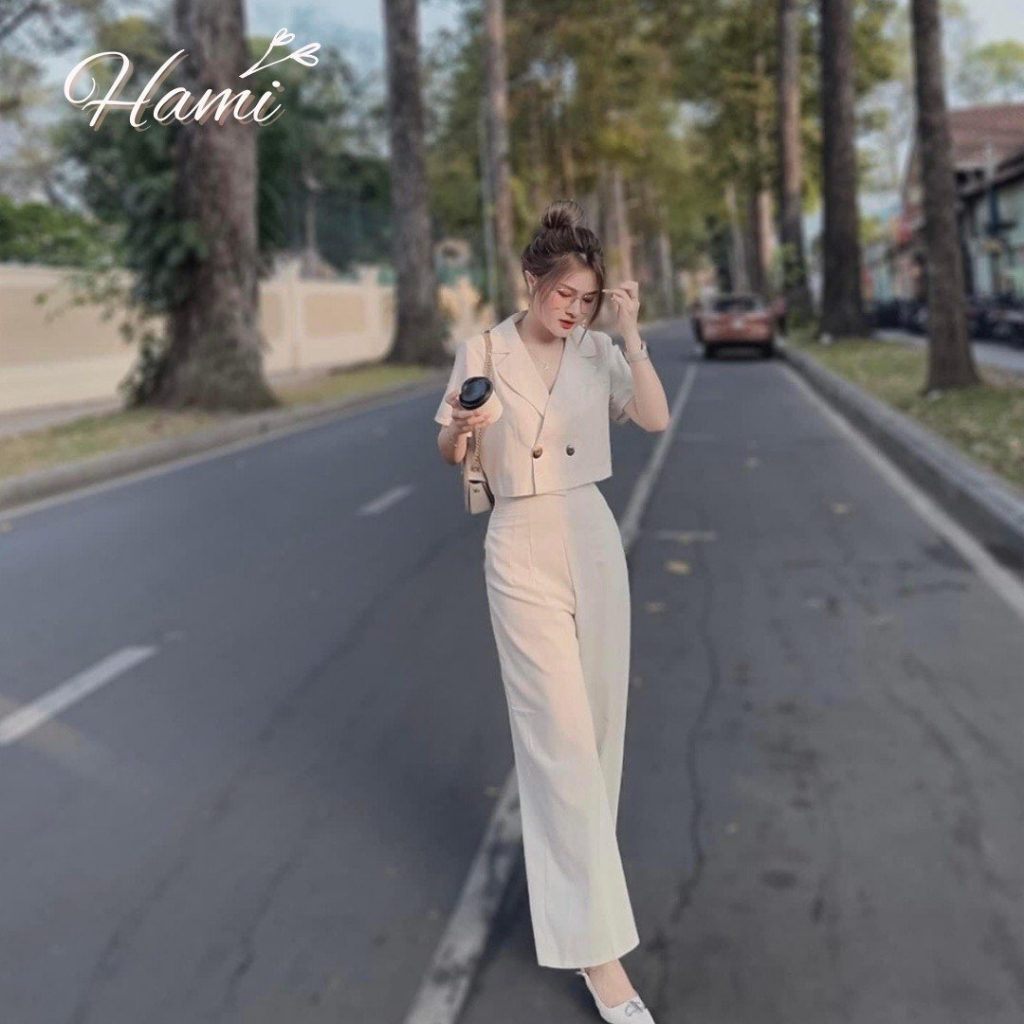Set vest croptop tay cộc hàng thiết kế cao cấp sang trọng Hami Fashion - màu be