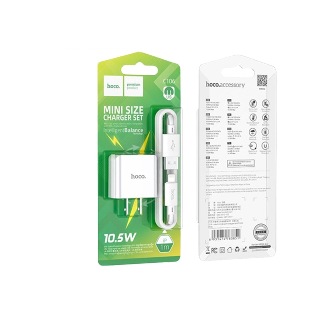 Bộ sạc Hoco C106 sạc nhanh PD10.5W 5V/2.1A chân cắm dẹt kèm dây IP dài 1m cho ip10/11/12/13