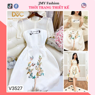 V3527 Váy tafta kem thêu hoa dáng A xoè váy đầm tafta kem phối cổ voan nữ tính