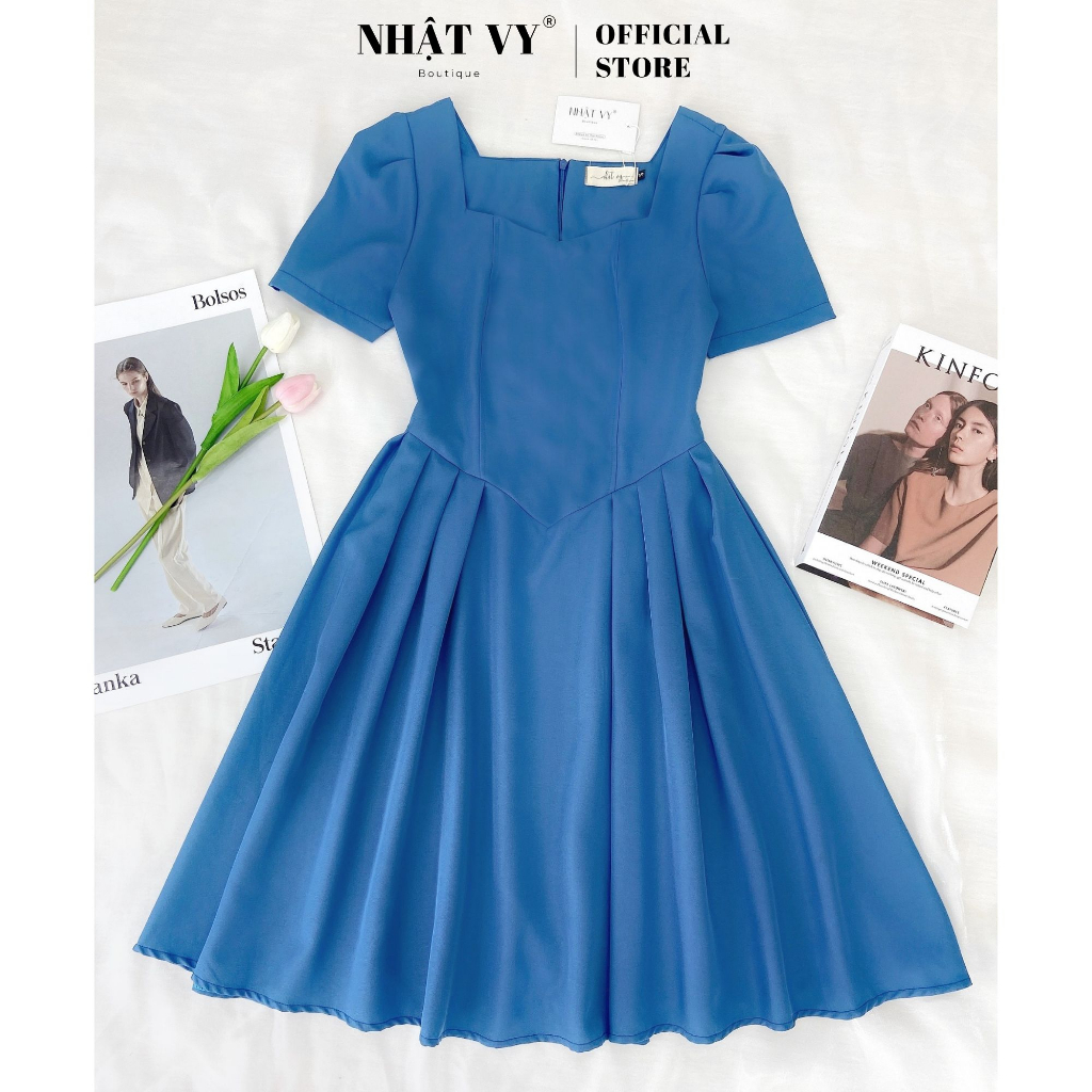 Đầm dự tiệc Nhật Vy cổ vuông dáng xoè xếp ly 2 bên chất cotton phù hợp công sở đi chơi sang chảnh - D2518