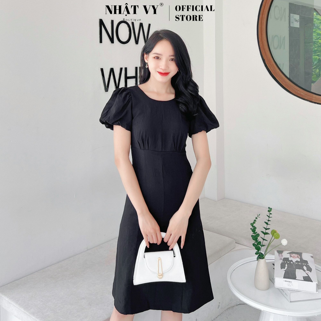 Đầm công sở Nhật Vy nhún ngực cổ tròn tay bí dáng ôm chất linen thun phù hợp đi chơi dạo phố cafe - D2559