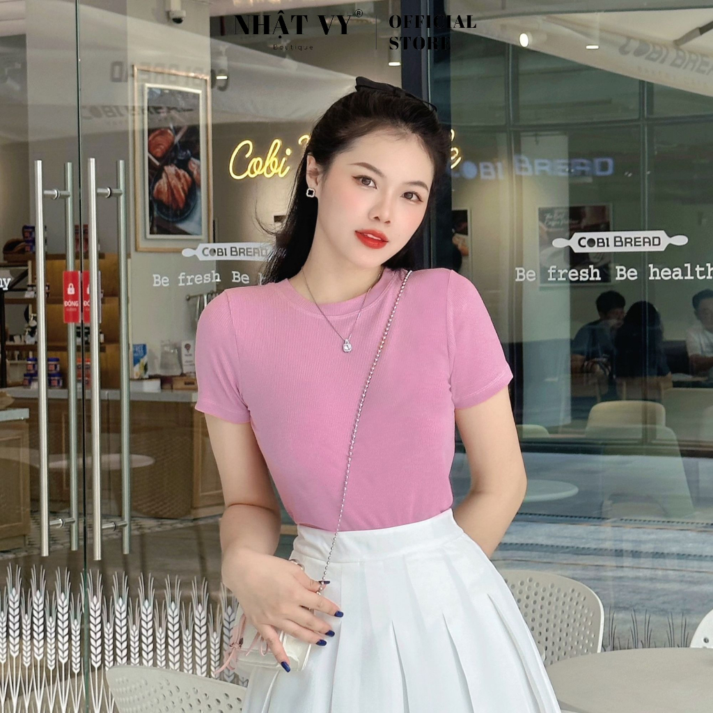 Áo thun nữ Nhật Vy tay ngắn cổ tròn dáng ôm chất gân lụa co giản nhiều màu phù hợp đi chơi - d2715