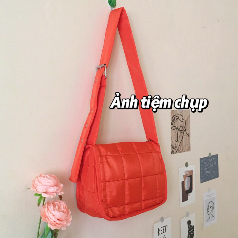 Túi xách đeo chéo vải nylon chân bông phao phong cách unisex có kéo khoá, có ảnh thật