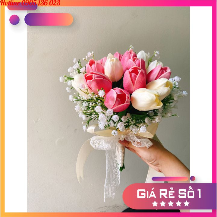 BÓ HOA CƯỚI CẦM TAY CÔ DÂU HOA TULIP MÀU HỒNG SEN, HOA CƯỚI TULIP FORM BAY, PHỤ KIỆN CHỤP HÌNH CƯỚI