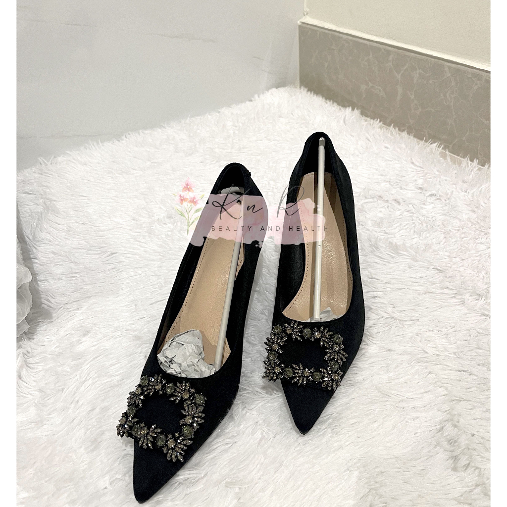 Giày cao gót Nữ Pha lê kim cương màu đen trơn, 8 phân