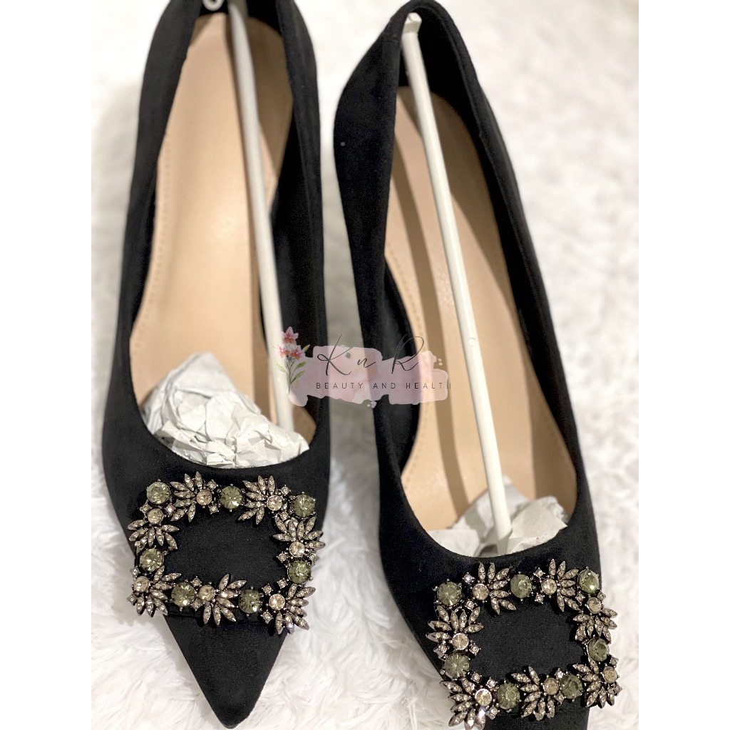 Giày cao gót Nữ Pha lê kim cương màu đen trơn, 8 phân