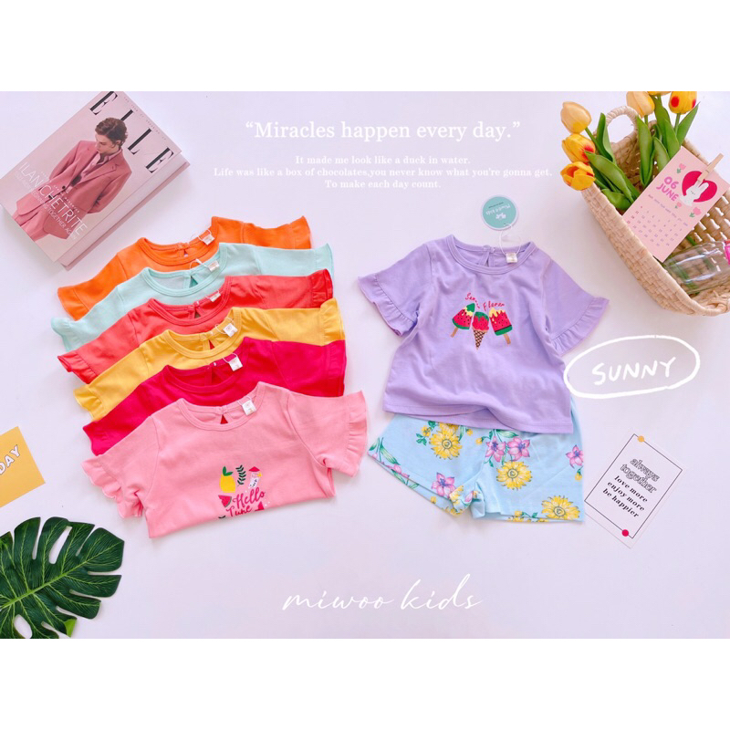 (8-20kg) Đồ bộ bé gái tay bèo phối màu hoạ tiết đáng yêu chất thun bozip mềm mát Miwoo Kids - Bảng 2