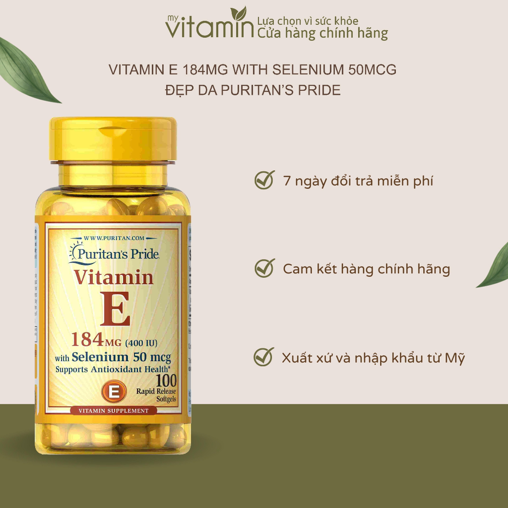 Viên Uống Đẹp Da Vitamin E 184mg With Selenium 50mg Puritan's Pride của Mỹ