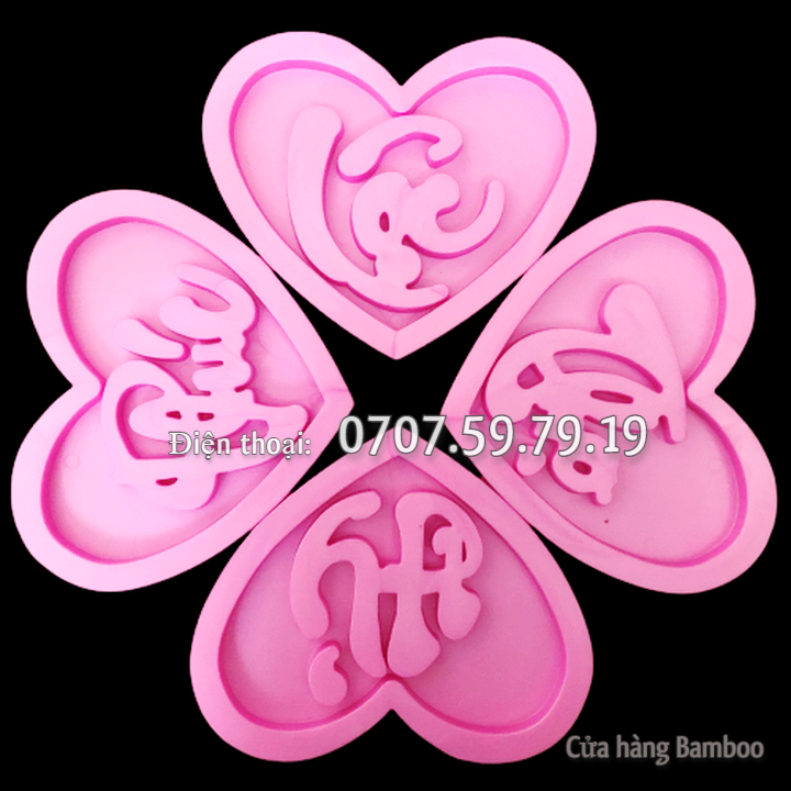Khuôn Phúc Lộc Thọ Hỷ 4 mặt hình tim size 15 cm - Khuôn ép xôi, nhận cơm – Mã số 1811